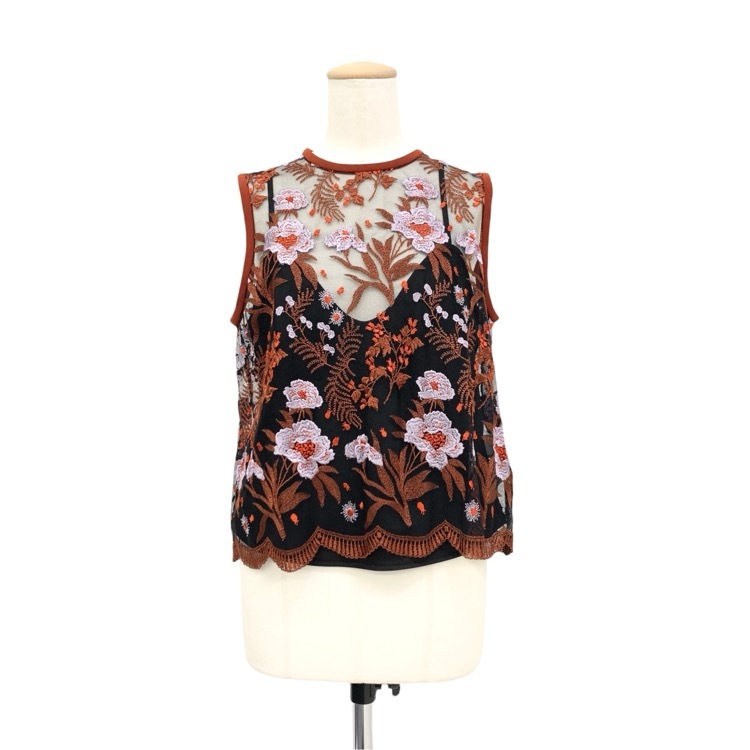 Mame Kurogouchi マメクロゴウチ 花柄 レーストップス ブラウス ブラウン 2 MM17AW-SH052