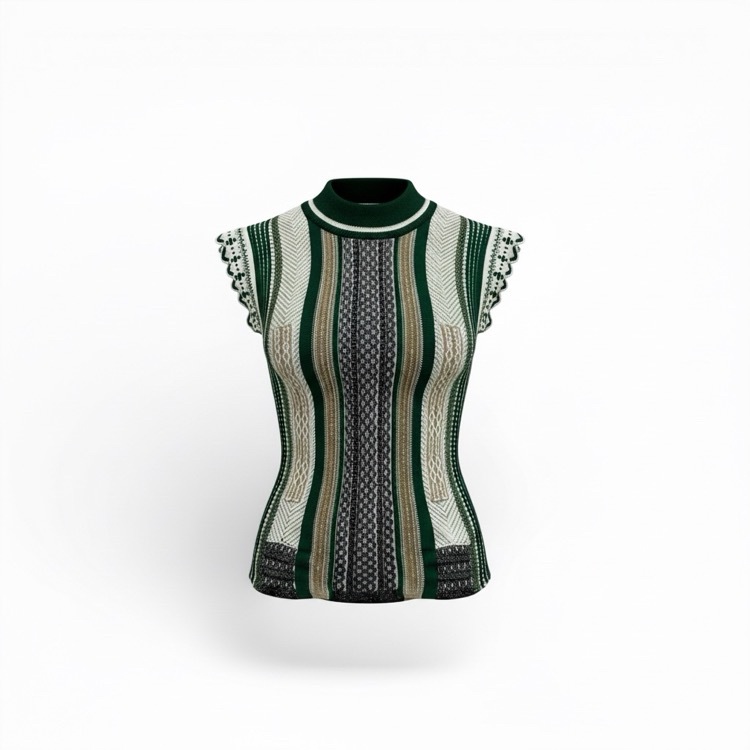 Mame Kurogouchi マメクロゴウチ Knit Stripe Tops ニットストライプトップス ノースリーブ グリーン 2 MM20SS-KN033