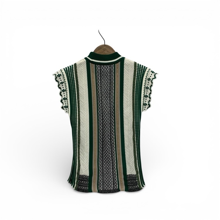 Mame Kurogouchi マメクロゴウチ Knit Stripe Tops ニットストライプトップス ノースリーブ グリーン 2 MM20SS-KN033