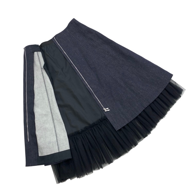 FOXEY NEWYORK フォクシー スカート ジャルダン デニム ドット柄チュール インディゴ 42 43289-NSSOX