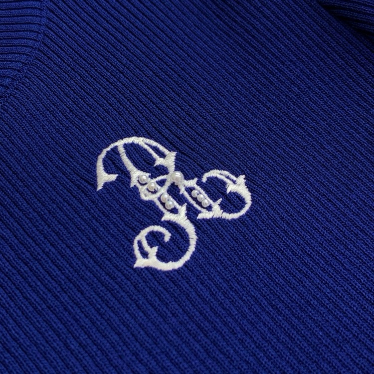 Rene ルネ パフスリーブリブニットトップス R刺繍カットソー ブルー 36 6322080