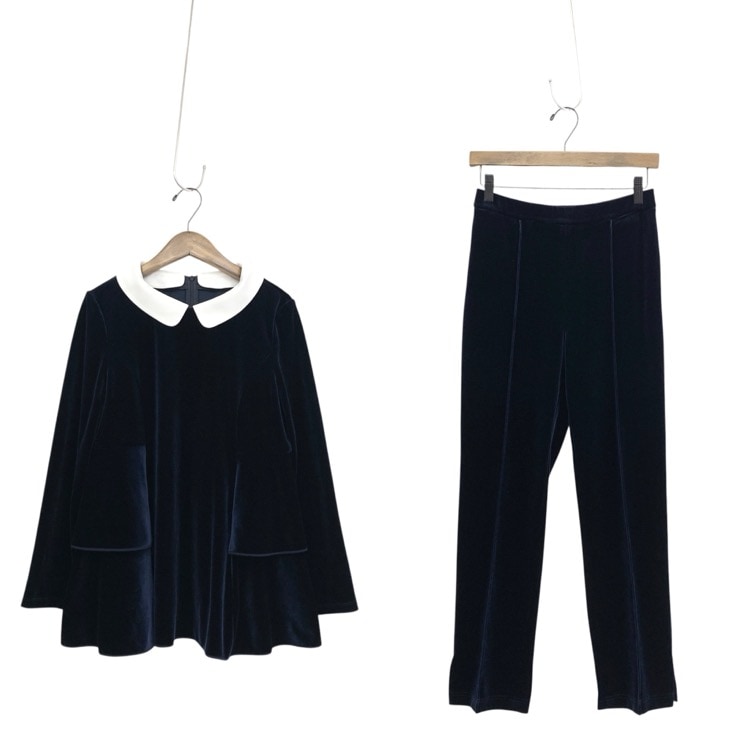 VELOUR NOIR by FOXEY NEWYORK フォクシー ベルベットカスケード パンツギャルソン 白襟2way ベロア セットアップ ミッドナイトブルー 38/38 45481/44843