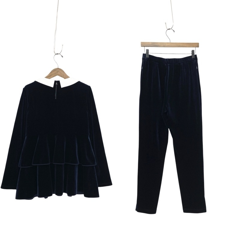 VELOUR NOIR by FOXEY NEWYORK フォクシー ベルベットカスケード パンツギャルソン 白襟2way ベロア セットアップ ミッドナイトブルー 38/38 45481/44843
