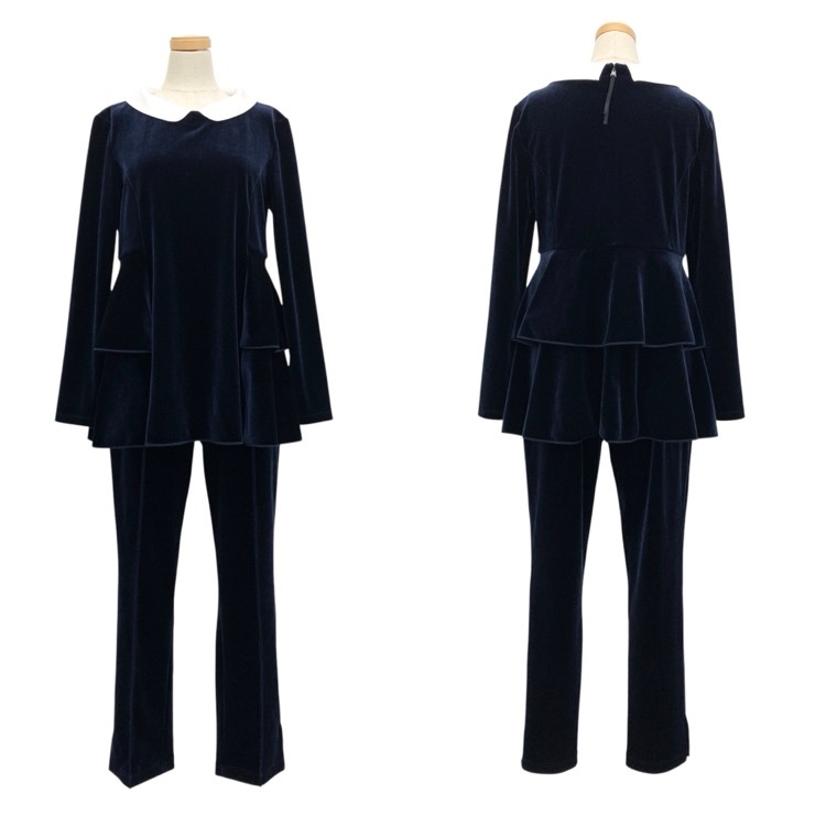 VELOUR NOIR by FOXEY NEWYORK フォクシー ベルベットカスケード パンツギャルソン 白襟2way ベロア セットアップ ミッドナイトブルー 38/38 45481/44843