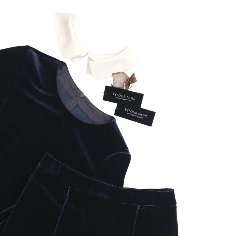 VELOUR NOIR by FOXEY NEWYORK フォクシー ベルベットカスケード パンツギャルソン 白襟2way ベロア セットアップ ミッドナイトブルー 38/38 45481/44843