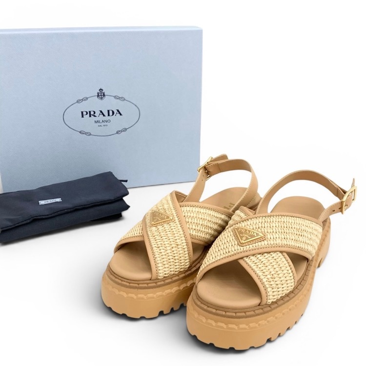 PRADA プラダ クロシェxレザー サンダル トライアングルロゴ ベージュ 36 1X106O_3L8W_F0P9G_F_055