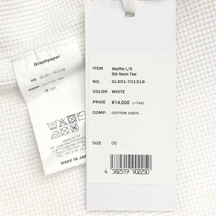 未使用品 Graphpaper グラフペーパー Waffle L/S Slit Neck Tee ワッフルロングTシャツ ホワイト 00 GL201-70131B