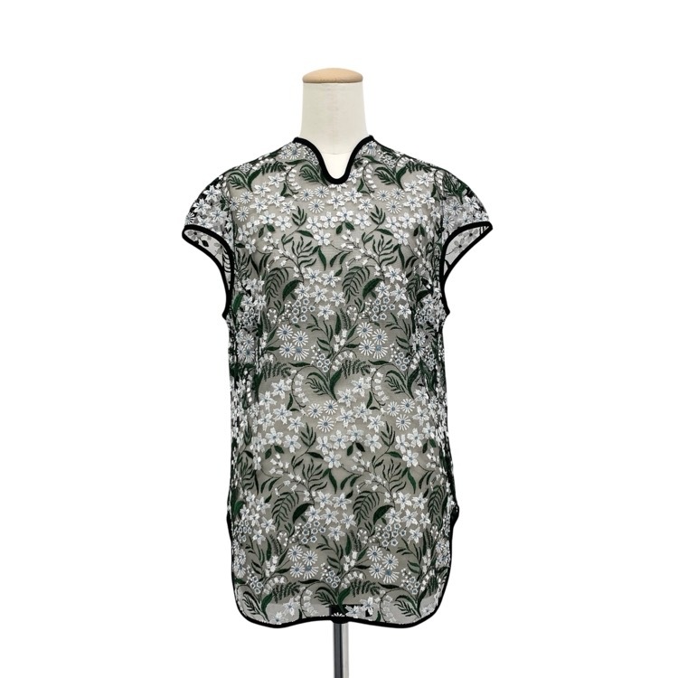 Mame Kurogouchi マメクロゴウチ Floral Lace French Sleeve Top チュールレース トップス ブラック グリーン 2 MM25SS-SH104