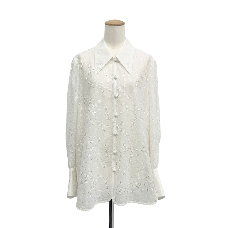 2025AW 未使用品 Mame Kurogouchi マメクロゴウチ Triacetate Georgette Floral Embroidery Top 花柄刺繍シフォンブラウス ホワイト 2 MM25FW-SH106