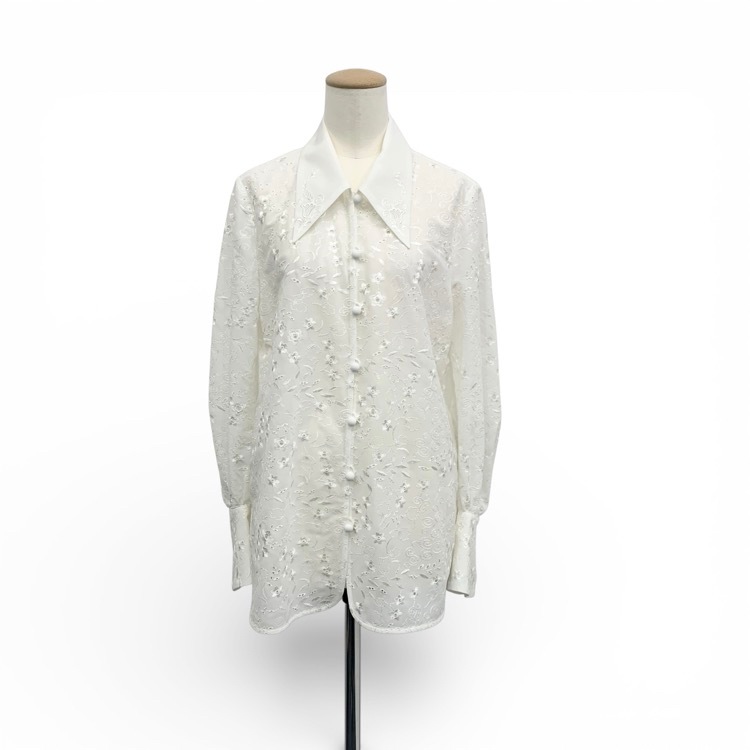2025AW 未使用品 Mame Kurogouchi マメクロゴウチ Triacetate Georgette Floral Embroidery Top 花柄刺繍シフォンブラウス ホワイト 2 MM25FW-SH106