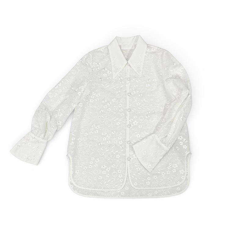 2025AW 未使用品 Mame Kurogouchi マメクロゴウチ Triacetate Georgette Floral Embroidery Top 花柄刺繍シフォンブラウス ホワイト 2 MM25FW-SH106