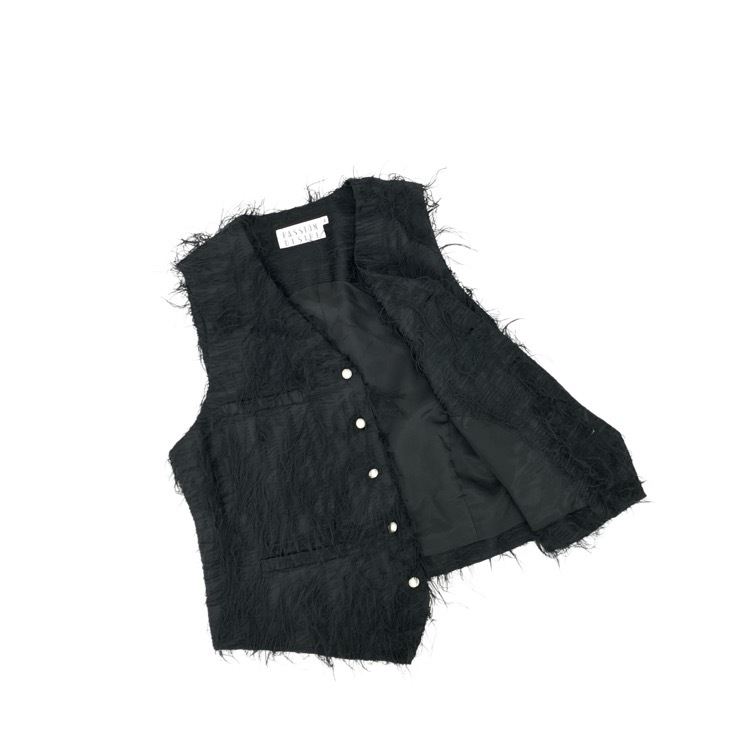2024AW el conductorH コンダクター 5BUTTONS SHAGGY FRINGE VEST パールボタンフリンジベスト メンズ ブラック 2 PD24AJ03