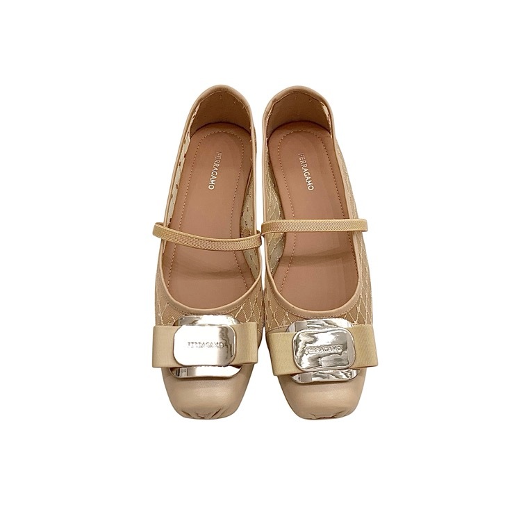 2025年 FERRAGAMO フェラガモ バレリーナ100周年限定 ニューヴァラプレート メッシュ＆リボン ベージュ 6C