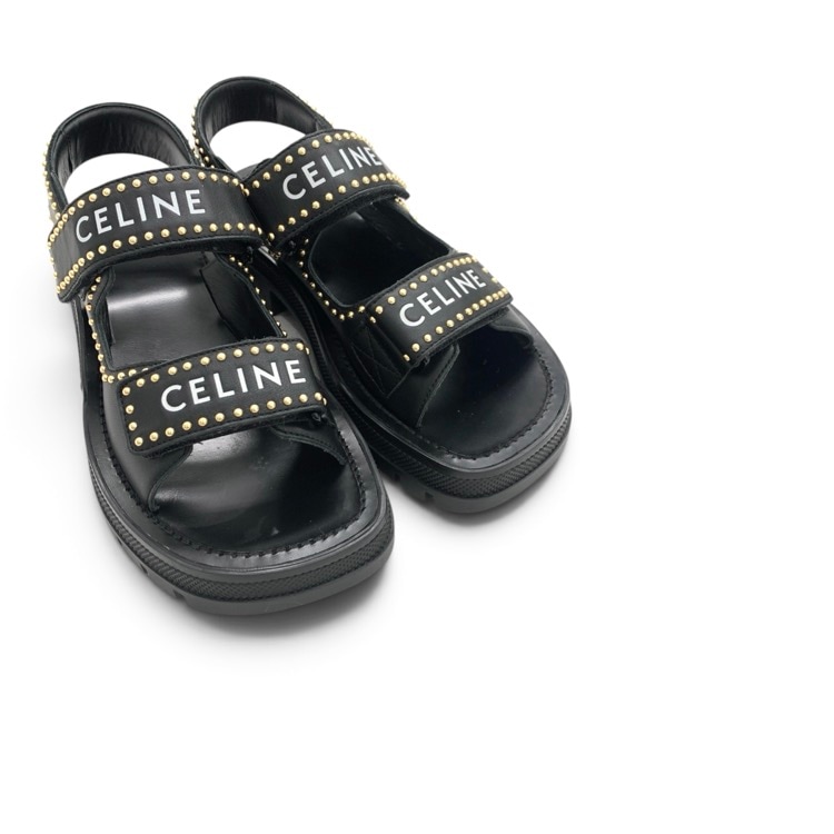 CELINE セリーヌ レオ スタッズ チャンキーベルクロサンダル カーフスキン ブラック 37 346763338C