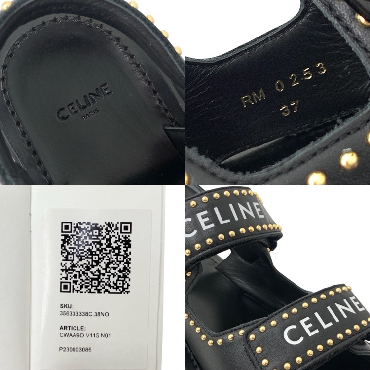 CELINE セリーヌ レオ スタッズ チャンキーベルクロサンダル カーフスキン ブラック 37 346763338C