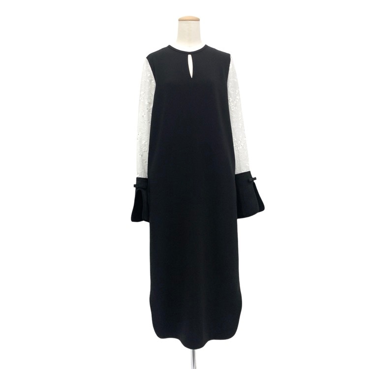 2025AW Mame Kurogouchi マメクロゴウチ Triacetate Georgette Floral Embroidery Sleeve Classic Dress 花柄刺繍スリーブスリットワンピース ブラック 1 MM25FW-DR105