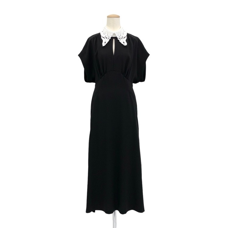 Mame Kurogouchi マメクロゴウチ Back Satin Crepe Georgette Embroidered Collar Flared Dress バックサテンジョーゼットコード刺繍カラーワンピース ブラック 2 MM24SS-DR083