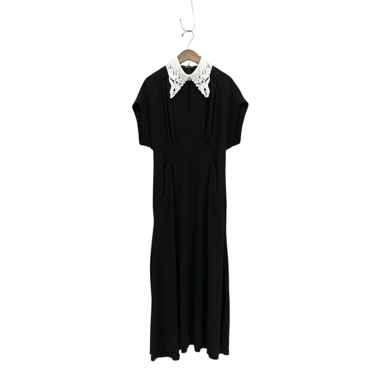 Mame Kurogouchi マメクロゴウチ Back Satin Crepe Georgette Embroidered Collar Flared Dress バックサテンジョーゼットコード刺繍カラーワンピース ブラック 2 MM24SS-DR083