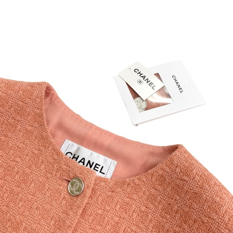 CHANEL シャネル ココボタン ツイードノーカラージャケット サーモンピンク 38 P71171V41202