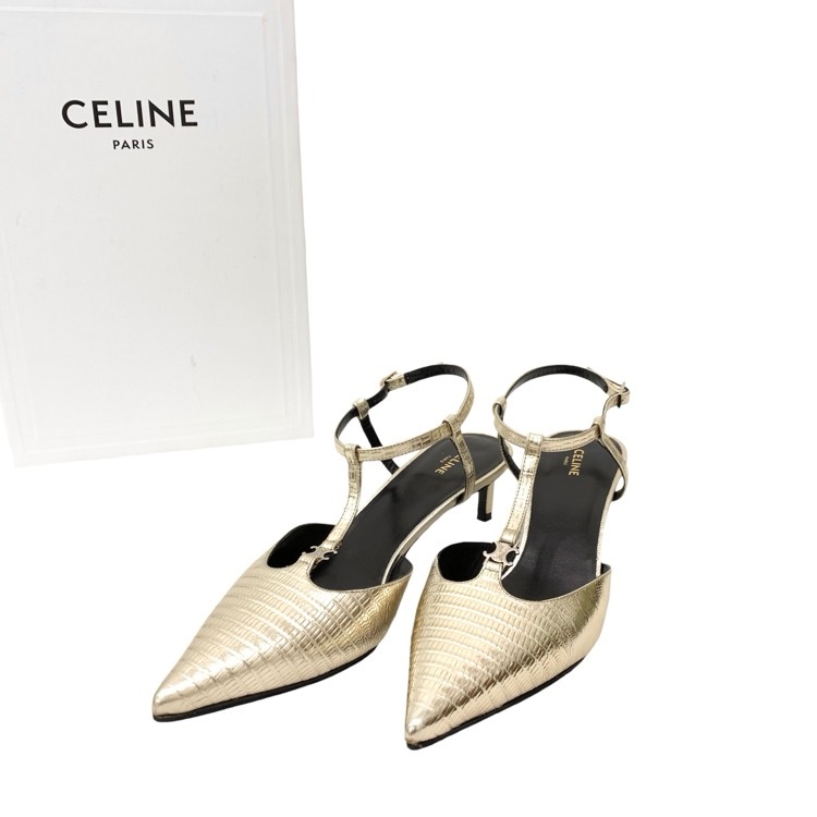 CELINE セリーヌ KITTEN 型押しレザー メタリック パンプス ゴールド 36 352193304C.36PN.36
