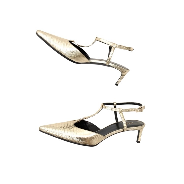 CELINE セリーヌ KITTEN 型押しレザー メタリック パンプス ゴールド 36 352193304C.36PN.36