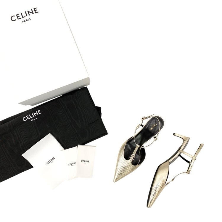 CELINE セリーヌ KITTEN 型押しレザー メタリック パンプス ゴールド 36 352193304C.36PN.36