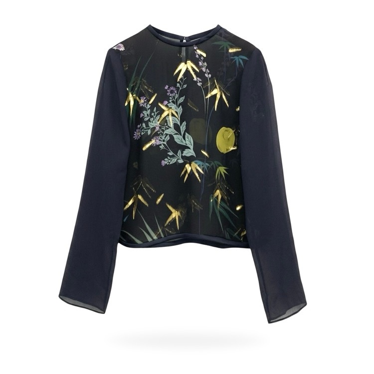 Mame Kurogouchi マメクロゴウチ Floral Lame Print Tops フローラルラメプリントブラウス ブラック×ネイビー 2 MM18AW-SH048