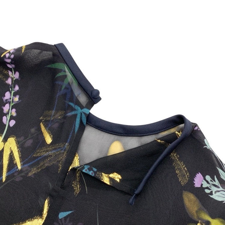 Mame Kurogouchi マメクロゴウチ Floral Lame Print Tops フローラルラメプリントブラウス ブラック×ネイビー 2 MM18AW-SH048