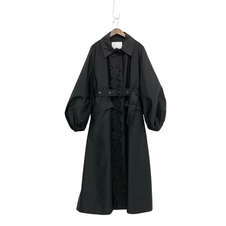 CECILIE BAHNSEN セシリーバンセン ORAH COAT パフスリーブ フローラルアップリケ トサテンレンチコート ブラック 8 3.24OTW20008