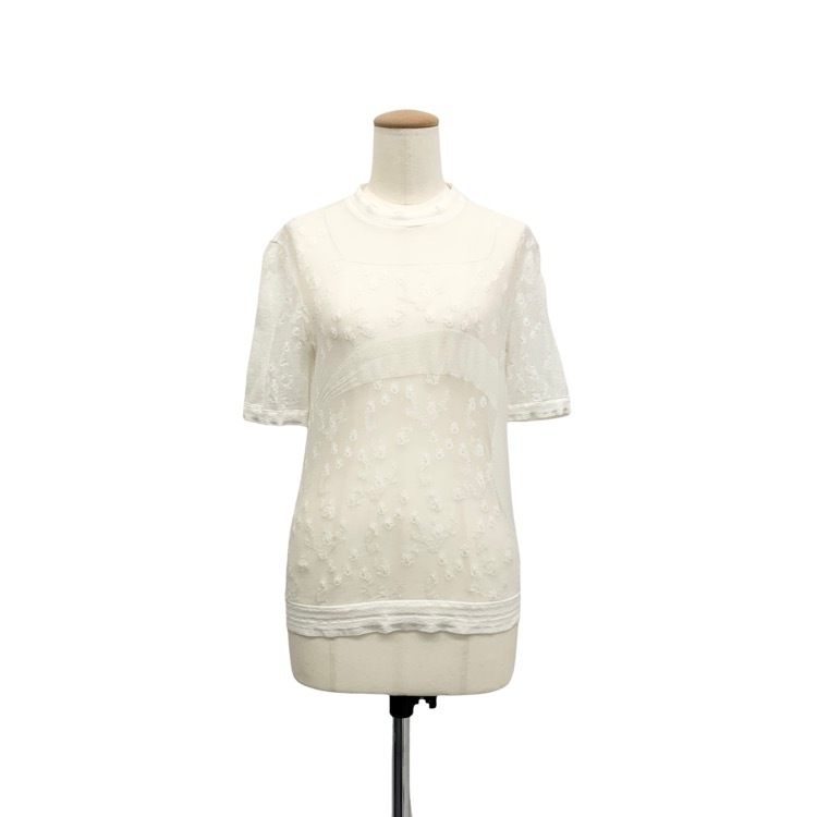 2025AW Mame Kurogouchi Knitted Crew Neck Top ラメ糸小花柄シアーニットトップ カットソー ホワイト 1 MM25FW-KN033