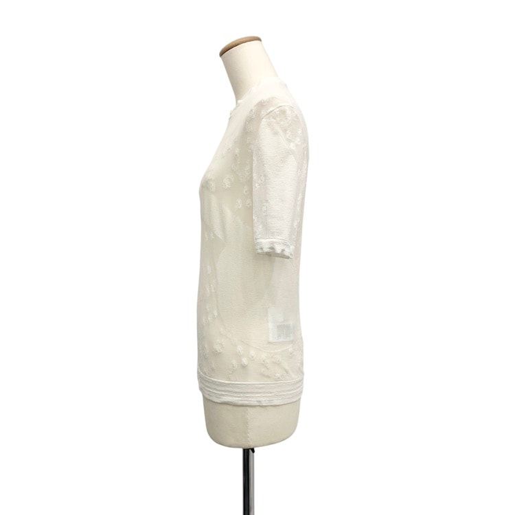 2025AW Mame Kurogouchi Knitted Crew Neck Top ラメ糸小花柄シアーニットトップ カットソー ホワイト 1 MM25FW-KN033