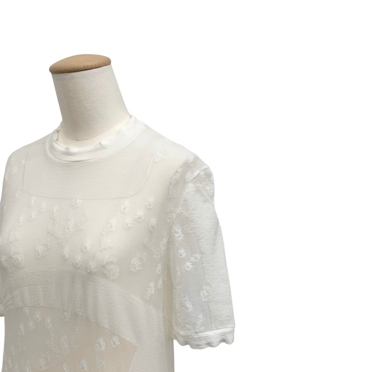 2025AW Mame Kurogouchi Knitted Crew Neck Top ラメ糸小花柄シアーニットトップ カットソー ホワイト 1 MM25FW-KN033