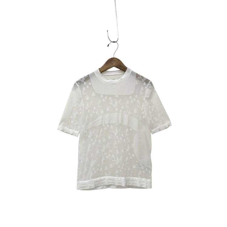 2025AW Mame Kurogouchi Knitted Crew Neck Top ラメ糸小花柄シアーニットトップ カットソー ホワイト 1 MM25FW-KN033