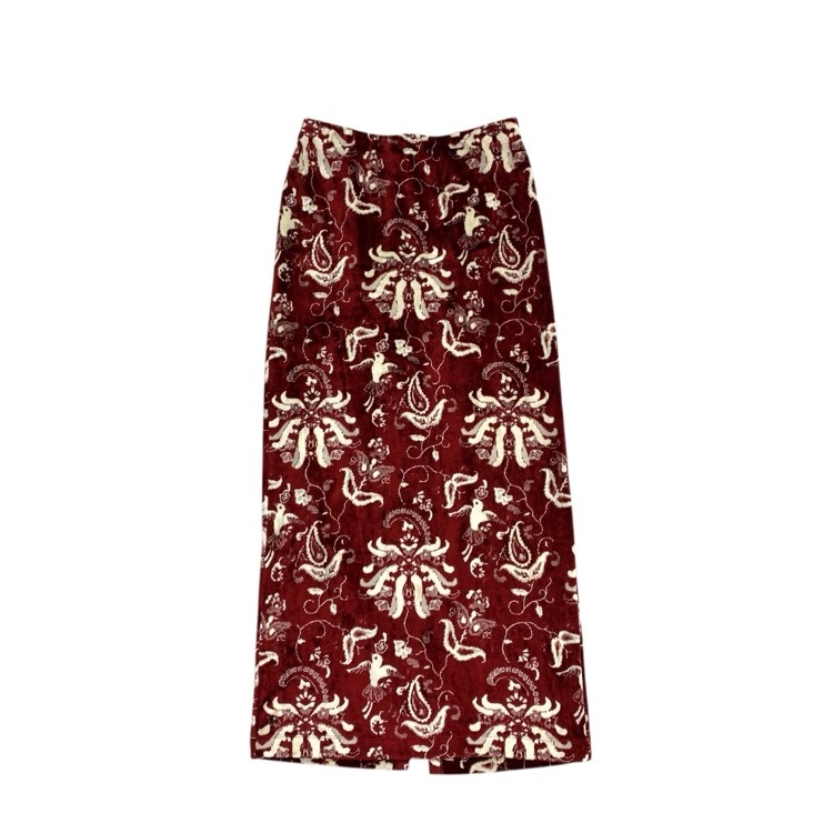 Mame Kurogouchi マメクロゴウチ Velour Jersey I-Line Skirt 花鳥柄ベロアジャージーIラインスカート レッド 1 MM25FW-JS098