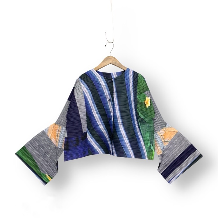 PLEATS PLEASE ISSEY MIYAKE プリーツプリーズ イッセイミヤケ CITY COLLAGE コラージュプリーツカーディガン グレー×ネイビー PP61JO673