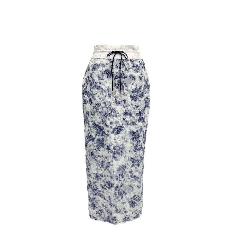 Mame Kurogouchi マメクロゴウチ Floral Flock Printed Fleece Lining Skirt 蛸唐草模様 裏起毛Iラインスカート ブルー 2 MM24SS-JS073