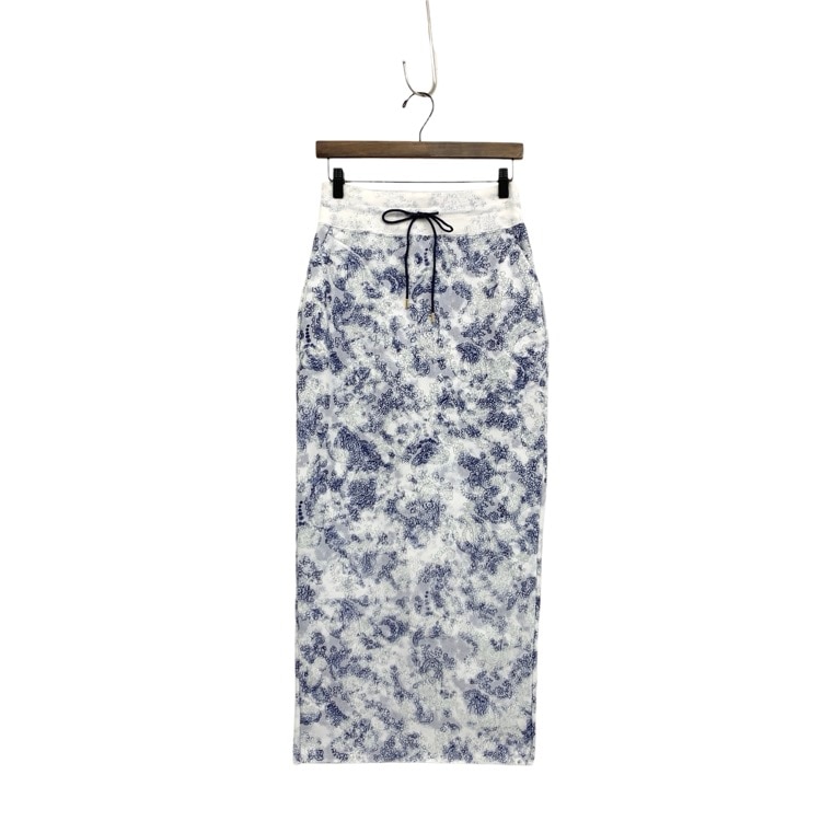 Mame Kurogouchi マメクロゴウチ Floral Flock Printed Fleece Lining Skirt 蛸唐草模様 裏起毛Iラインスカート ブルー 2 MM24SS-JS073