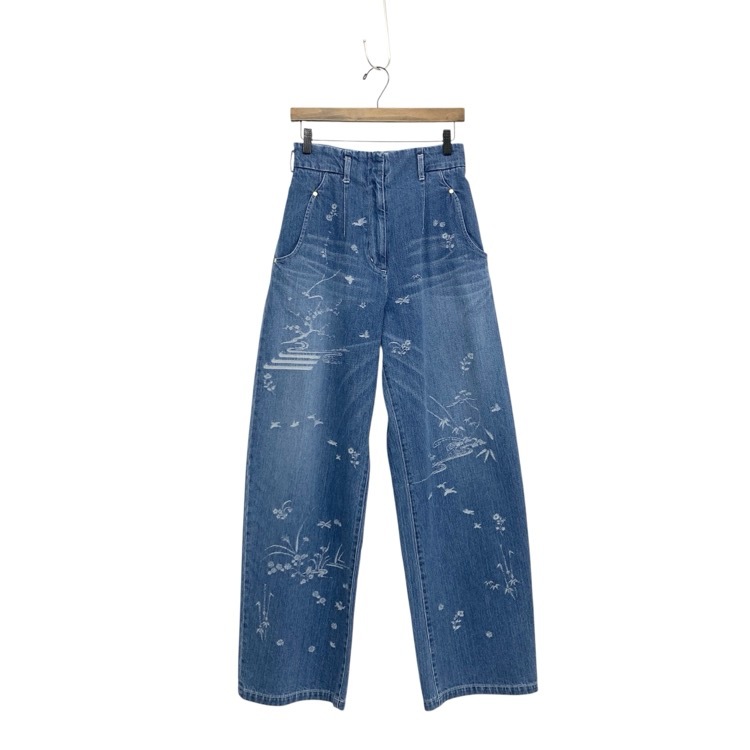 2025SS Mame Kurogouchi マメクロゴウチ Nature Pattern Jacquard Wide Leg Jeans 花鳥柄ジャガードワイドデニムパンツ ブルー 2 MM25SS-PT058