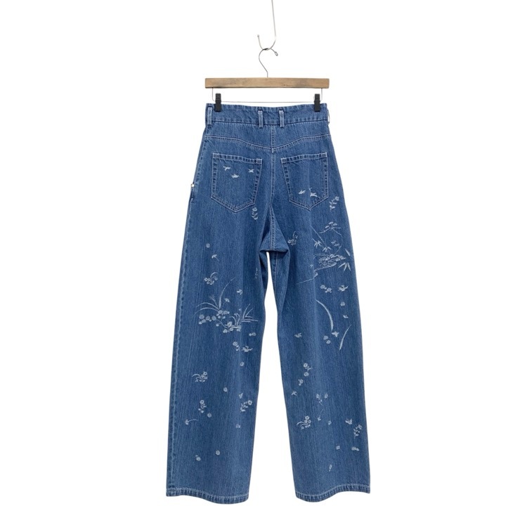 2025SS Mame Kurogouchi マメクロゴウチ Nature Pattern Jacquard Wide Leg Jeans 花鳥柄ジャガードワイドデニムパンツ ブルー 2 MM25SS-PT058