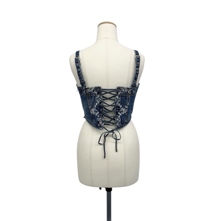 FETICO フェティコ FLOWER EMBROIDERED DENIM BUSTIER 薔薇モチーフ刺繍デニムビスチェ インディゴ 1 FTC244-0102