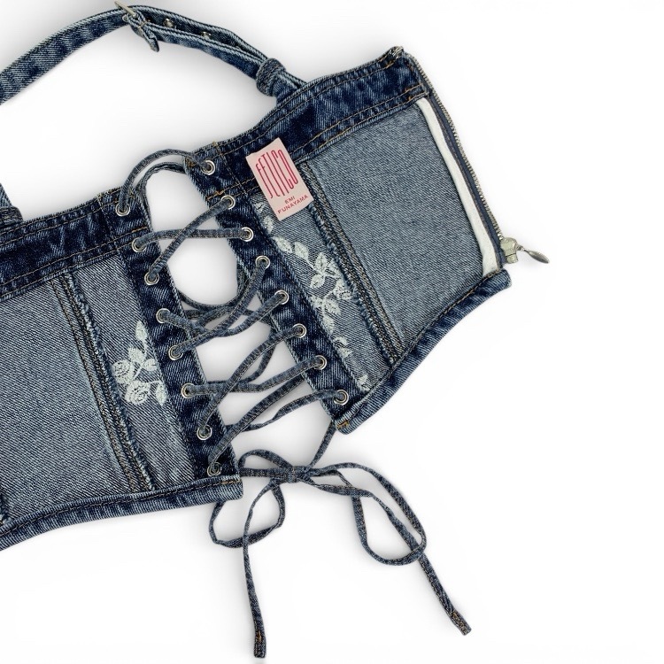 FETICO フェティコ FLOWER EMBROIDERED DENIM BUSTIER 薔薇モチーフ刺繍デニムビスチェ インディゴ 1 FTC244-0102