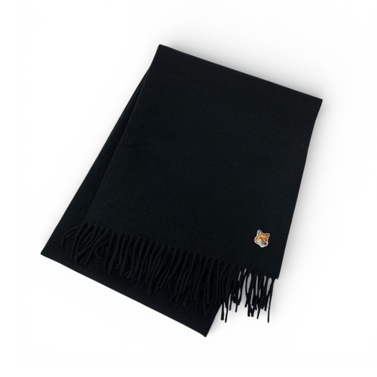 MAISON KITSUNE メゾン キツネ SMALL FOX HEAD WOOL SCARF フォックスヘッドパッチ大判マフラーストール ブラック FU06208BT3004