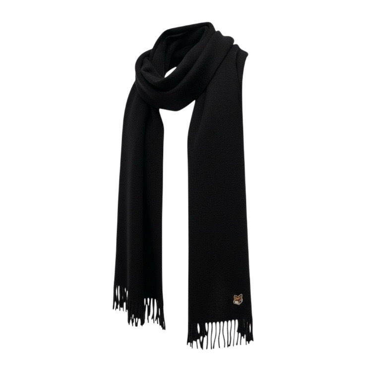 MAISON KITSUNE メゾン キツネ SMALL FOX HEAD WOOL SCARF フォックスヘッドパッチ大判マフラーストール ブラック FU06208BT3004