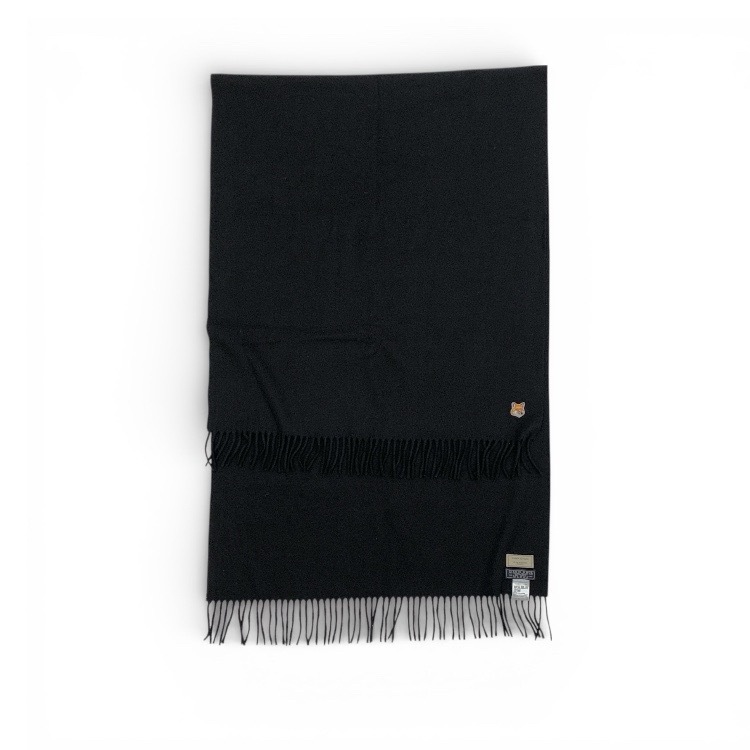 MAISON KITSUNE メゾン キツネ SMALL FOX HEAD WOOL SCARF フォックスヘッドパッチ大判マフラーストール ブラック FU06208BT3004