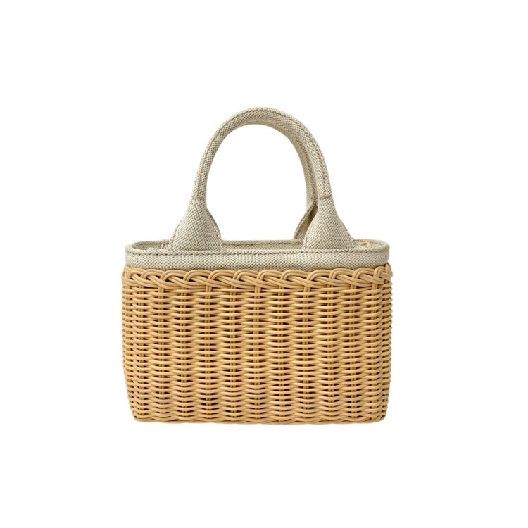 PRADA プラダ ミニ ウィッカー×リネン混紡 2wayショルダー かごバッグ タン/ホワイト 1BG469 2CYG FON86 V 7VO