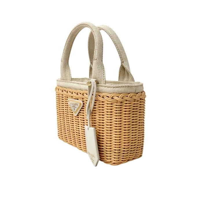 PRADA プラダ ミニ ウィッカー×リネン混紡 2wayショルダー かごバッグ タン/ホワイト 1BG469 2CYG FON86 V 7VO