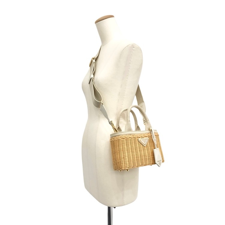 PRADA プラダ ミニ ウィッカー×リネン混紡 2wayショルダー かごバッグ タン/ホワイト 1BG469 2CYG FON86 V 7VO