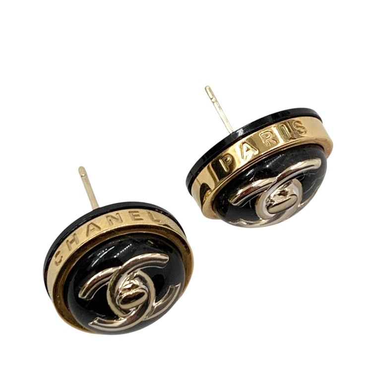 CHANEL シャネル B23 ターンロック ピアス ブラック ゴールド