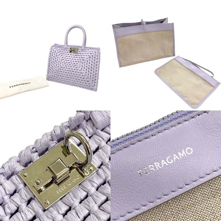 FERRAGAMO フェラガモ The studio raffia small bag かごバッグ ステューディオラフィアトート パープル