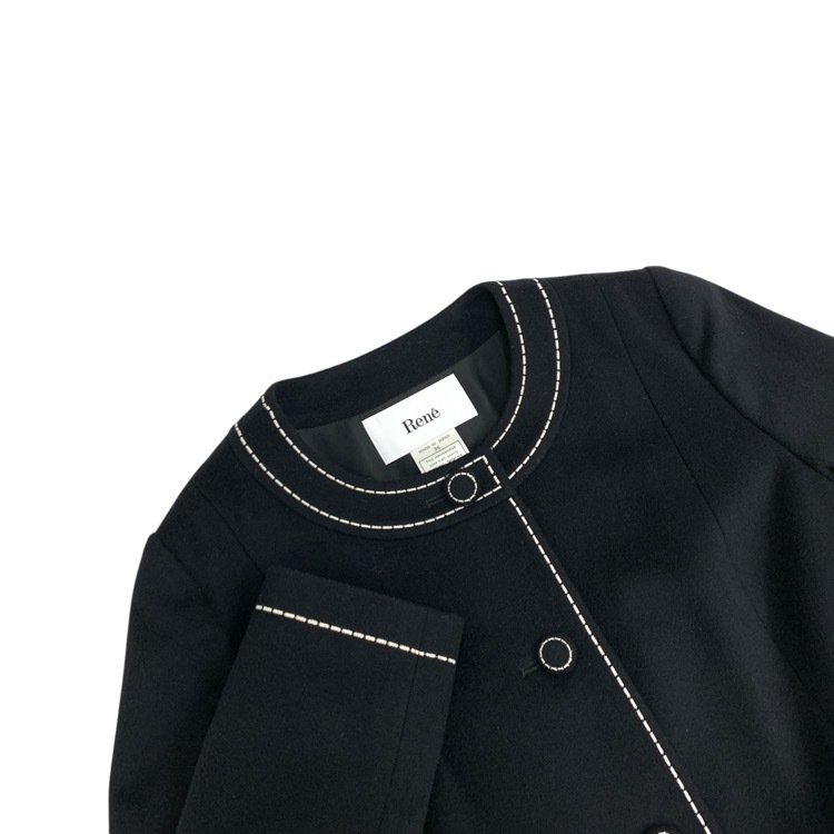 Rene ルネ ノーカラーステッチコート カシミヤ混 ブラック 36 6248950